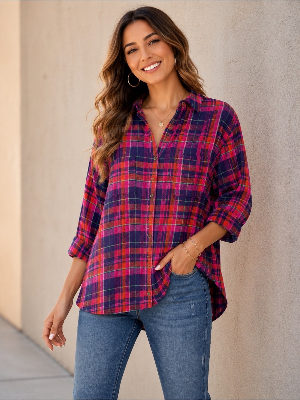 Pilcro Anthropologie Pink Purple Plaid Button Down High Low Hemline Shirt Sz M